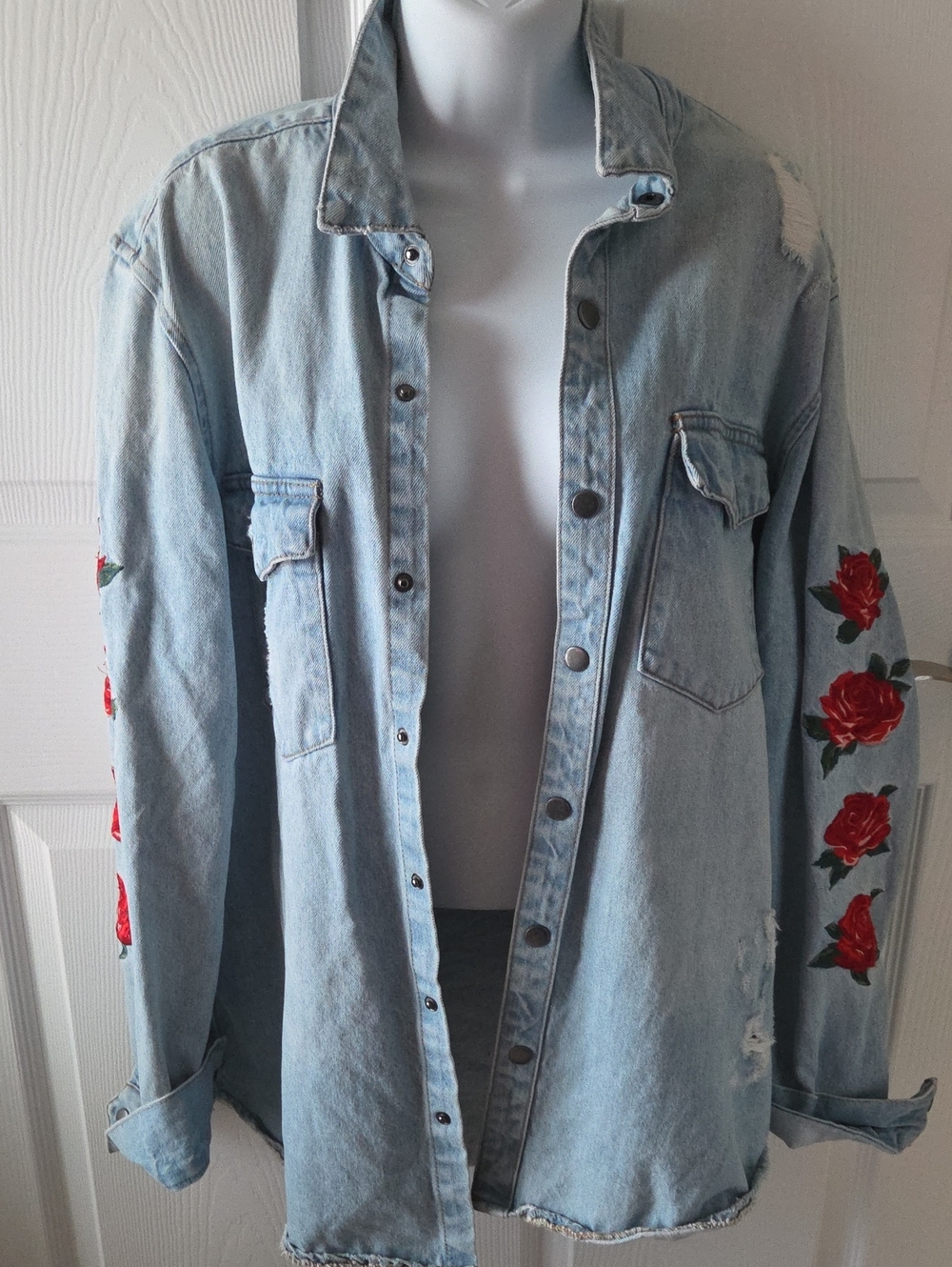 Light Blue Distressed Denim Rose Jacket L